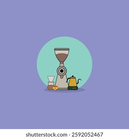 Illustration of coffee brewing essentials, including a grinder, kettle, pour-over setup, and a cup, with a modern minimalist style. Perfect for coffee-related designs or branding