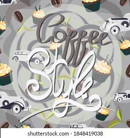 Illustration with coffee and cars on the grey background