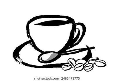 Illustration of coffee cup and coffee bean line drawing with brush touch