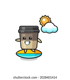 Illustration of coffee cup cartoon do surfing on the beach , cute style design for t shirt, sticker, logo element