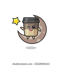 illustration of coffee cup cartoon sitting on the half moon , cute style design for t shirt, sticker, logo element