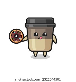 illustration of an coffee cup character eating a doughnut , cute style design for t shirt, sticker, logo element