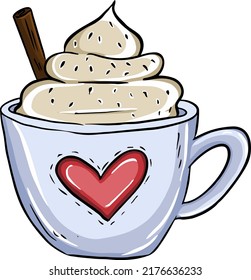 Illustration coffee cup with cream and cinnamon. Vector illustration