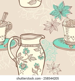 illustration with coffee cup and creamer. seamless pattern