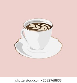 Illustration of a coffee cup with latte art on a saucer. Coffee cup and latte art on a pink background. Simple coffee cup design with elegant latte art. Aesthetic vector illustration.