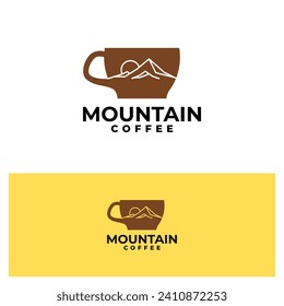 ilustración de una taza de café con una montaña adentro. plantilla vectorial del logotipo de la montaña de café.