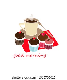 Illustration with a coffee cup and muffins. Chocolate and berry cupcakes with a drink on a red napkin. Bright hand drawn art for cafe, bakery, pastry shop.