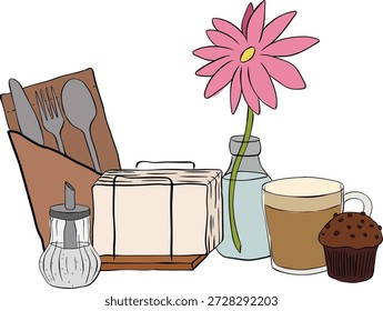 Illustration with a coffee cup and muffins. napkin, fork, knife, sugar, flower Cafe composition hand drawn illustration. Vector graphic line ink colored art. Bright hand drawn art for cafe
