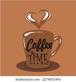 illustration of a coffee cup saying "Coffee Time" on a brown background, for design in a cafe or restaurant