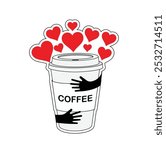 Illustration of a coffee cup surrounded by red hearts and hugged by hands, symbolizing love, warmth, and affection for coffee. Perfect for expressing passion and emotional connection to a favorite dri