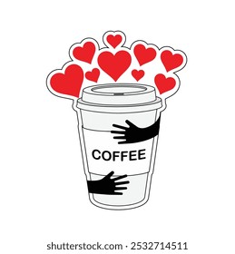 Ilustração de uma xícara de café cercada por corações vermelhos e abraçada por mãos, simbolizando amor, calor e afeição pelo café. Perfeito para expressar paixão e conexão emocional com um dri favorito