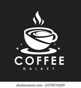 Illustration of a coffee cup with warm smoke on a galaxy-like background. Coffee design logo