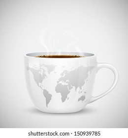 illustration of coffee cup with world map