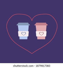 Illustration with coffee for the day of love. Vector banner with a couple of cups of coffee in the circle of the heart. A cute Valentine's day gift for coffee lovers. Greeting card for your loved ones