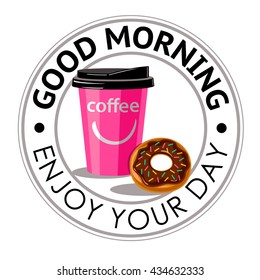 Illustration with coffee and donut. Simple logotype design.