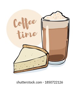 Illustration of a coffee drink with a piece of cheesecake. Isolated objects on a white background. Doodle style.