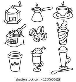 illustration of coffee drinks outline black and white icon set