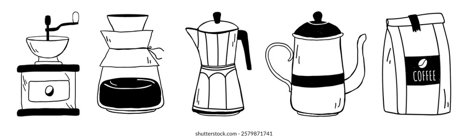 Illustration of coffee equipment: grinder, dripper, moka pot, percolator, and coffee bag. Coffee tools for brewing, coffee lovers, and baristas. Aesthetic cafe illustrations, isolated vector set.