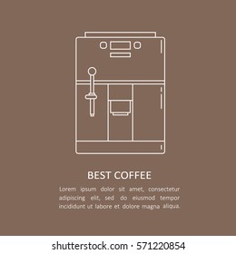 Illustration with coffee equipment logo and text. Flat icon vector. Brown and white background with coffee maker symbol. Best coffee, emblem for modern coffeehouse, cafe