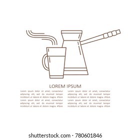 Illustration with coffee equipment logo and text. Flat icons vector. Brown and white background with cezve and cup of coffee symbol. Emblem for modern coffeehouse, cafe