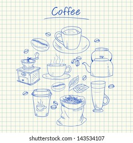 Illustration of coffee ink doodles on squared paper