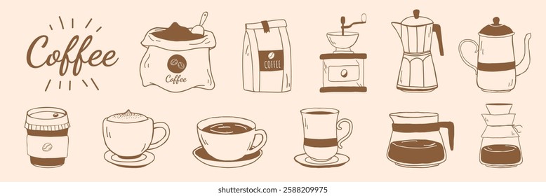 Illustration of coffee items: coffee beans, coffee grinder, coffee pot.