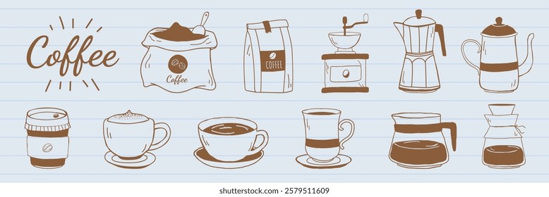 Illustration of coffee items: grinder, pot, cup, and bag. Coffee cups, coffee pots, and coffee grinders in a simple line art style. Aesthetic cafe illustrations, isolated vector set.