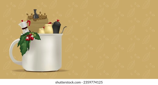 Illustration of coffee leaves and beans and equipment in a cup of coffee with a leaf background