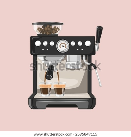 Illustration of a coffee machine brewing espresso. Coffee machine with two cups. Espresso flowing from coffee machine. Coffee beans on top of machine. Vector illustration.