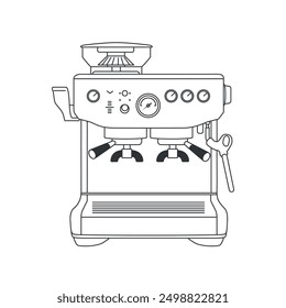 Illustration of a coffee machine, coffee maker. Espresso machine with cappuccino maker. Outline drawing of a coffee maker. Vector illustration in linear style.