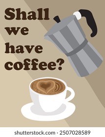 Illustration of a coffee machine and coffee on a brown background.