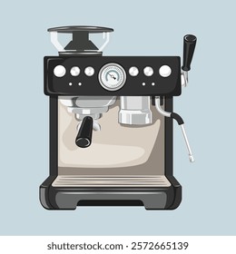 Illustration of a coffee machine with a sleek design. The coffee machine features a pressure gauge and steam wand. Perfect for coffee enthusiasts and baristas. Cute aesthetic illustration vector.