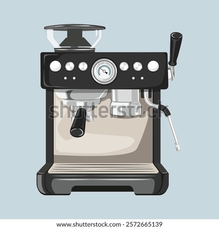 Illustration of a coffee machine with a sleek design. The coffee machine features a pressure gauge and steam wand. Perfect for coffee enthusiasts and baristas. Cute aesthetic illustration vector.