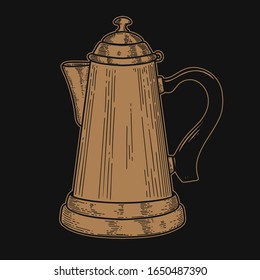 Illustration of coffee maker in engraving style. Design element for emblem, sign, poster, card, banner, flyer. Vector illustration