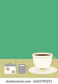 Illustration of coffee, milk, and sugar in a traditional coffee shop style