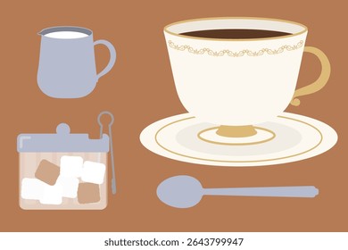 Illustration of coffee, milk, and sugar in a traditional coffee shop style