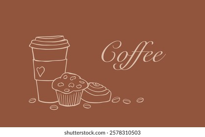 Illustration with a coffee mug, muffin and cinnamon bun. Surrounded by scattered coffee beans with the. Card or banner on the theme of coffee, cafes, coffee shops.