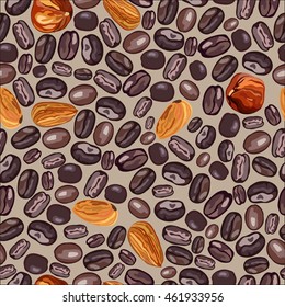 Illustration of coffee and nuts. pattern on a gray background