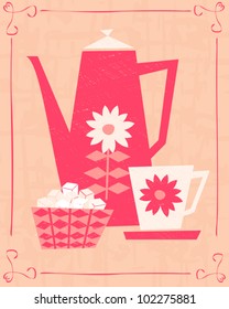 Illustration of a coffee pot, a cup and a bowl of sugar cubes in retro style.