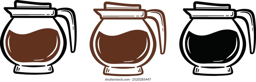 Illustration of a coffee pot with liquid inside, presented in three variations: one with a dark brown coffee color, a second with 2 tone colors, and a black outline version. Simple, minimalist lineart