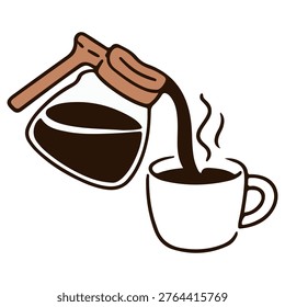 Illustration of a coffee pot pouring coffee into a white cup, with steam rising to indicate warmth and freshness