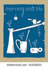 Illustration with coffee pot and two cups of coffee. 