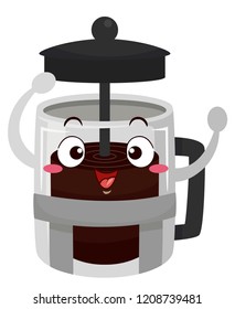 Illustration of a Coffee Press Mascot Raising Its Cover