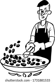 Illustration of a coffee roaster, Barista. Funny image. Linear image hand-drawn graphics in flat design style.