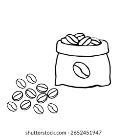 Ilustração de um saco de café cheio de grãos de café torrados. Ícone vetorial de um saco de café com grãos de café visíveis, simples arte de linha preta e branca. 