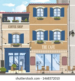 Illustration of the coffee shop building and cafe with classic style. Vector illustration of a building