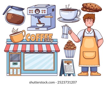 Illustration of a coffee shop element collection, featuring a coffee pot, espresso machine, cup, chocolate chip cookie, cupcake, coffee shop building, coffee shop menu, and a happy barista.