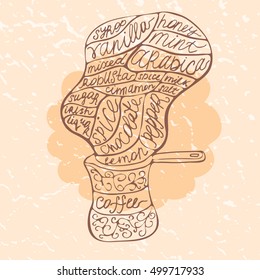 Illustration of coffee steam, coffeepot and words associated with coffee. Napkin background