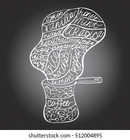 Illustration of coffee steam, coffeepot and words associated with coffee. Gradient background