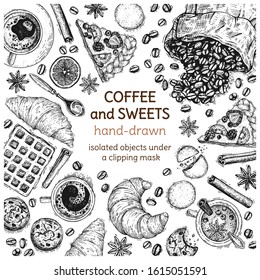 Illustration with coffee and sweets top view. A bag of scattered coffee beans. Hand-drawn sketches. Engraving style. Vector collection with cinnamon and anise stars.  Isolated objects for design